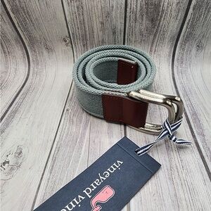 NWT Vineyard Vines Light Blue-Green Woven Belt with Brown Leather Accents